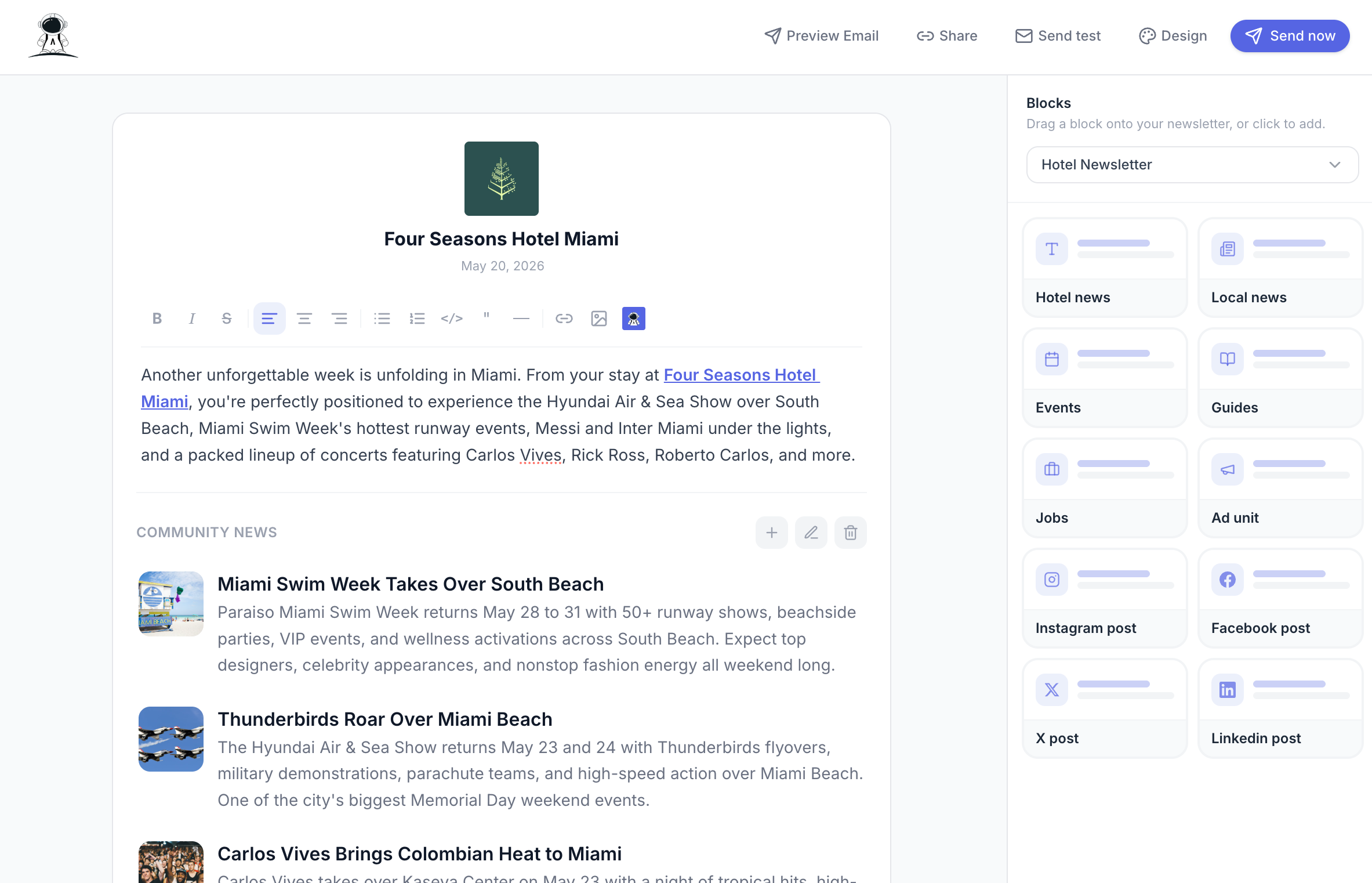 AstroSend newsletter editor preview