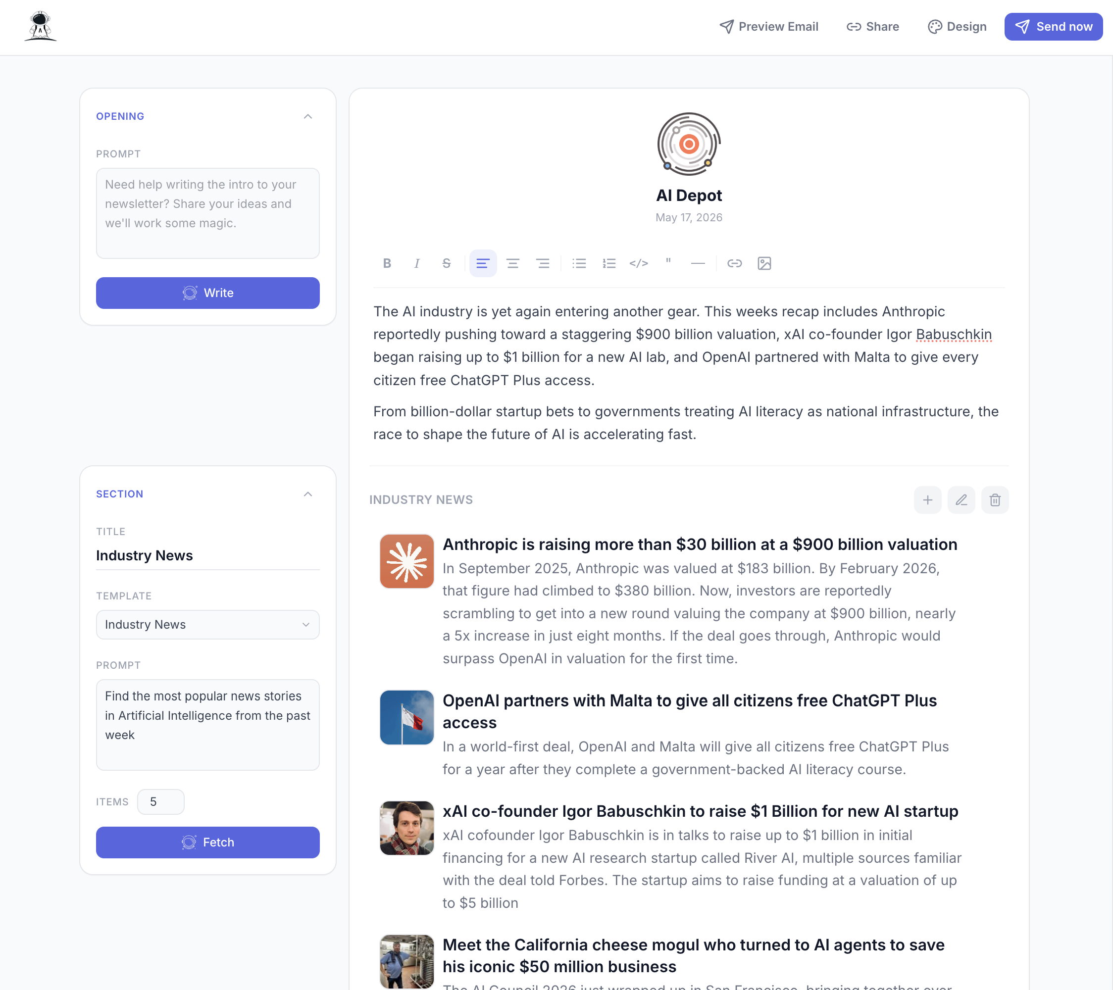 AstroSend newsletter editor preview